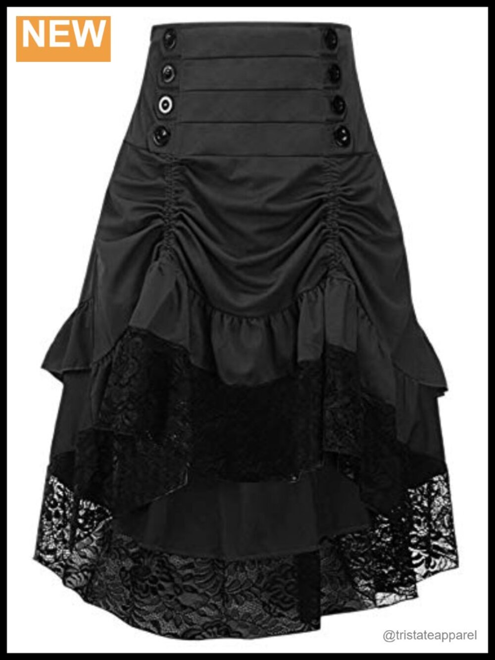 Gothic Steampunk Asymmetrical High Low Linen Skirt with Lace Trim Ruffle